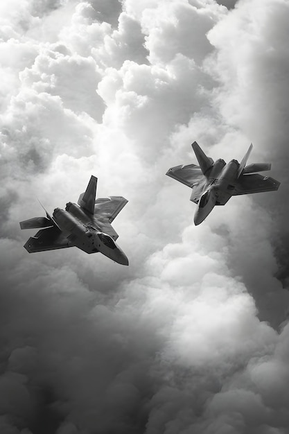 Photo two fighter jets flying in the sky with clouds in the background