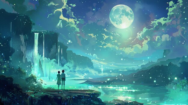 Photo two figures beneath moon in a fantasy landscape with glowing waterfalls