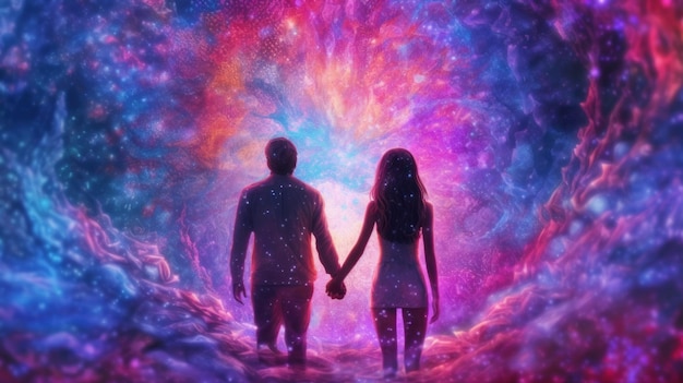 Two figures of man and woman with starry texture holding hands on a backdrop of cosmic energy and shinning stars Fantasy illustration in purple and blue colors Concept of connection with universe