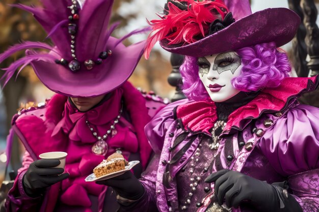 Two figures in purple carnival costumes celebrating a masquerade