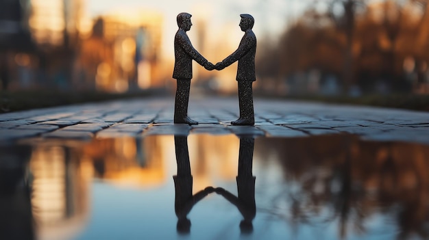 Photo two figures shaking hands reflected in a puddle of water symbolizing partnership collaborati