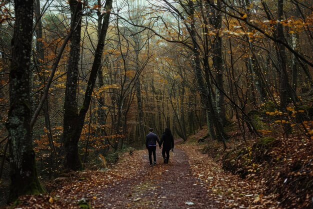 Photo two figures walk along a path through a forest of bare trees and autumn leaves