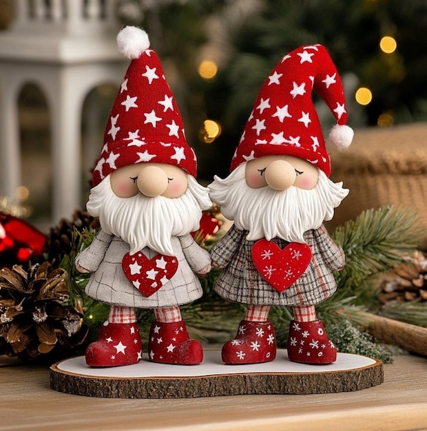 Photo two figurines are standing on a wooden surface with a heart shaped heart on the front