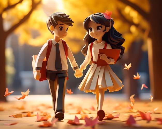 two figurines boy girl holding hands scene leaves falling shading lighting illustration cute cover