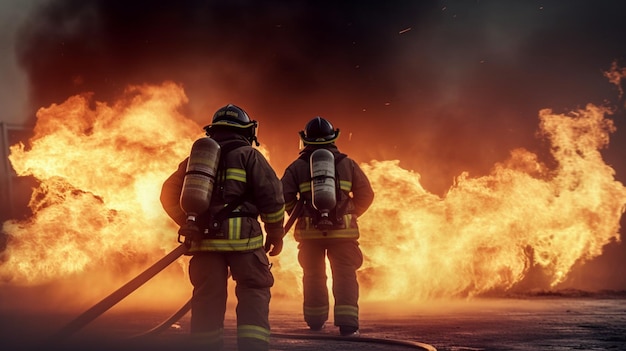 Two fire fighters are standing in front of a large fire.