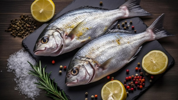 Two fish on a cutting board with lemons and herbs