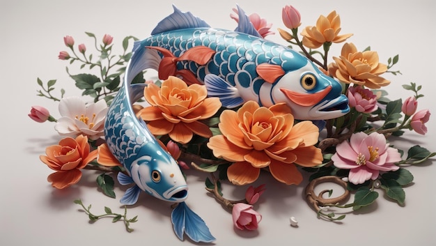 Two Fish and a Flower on White