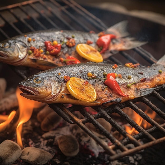 Two fish on a grill with a fire in the background