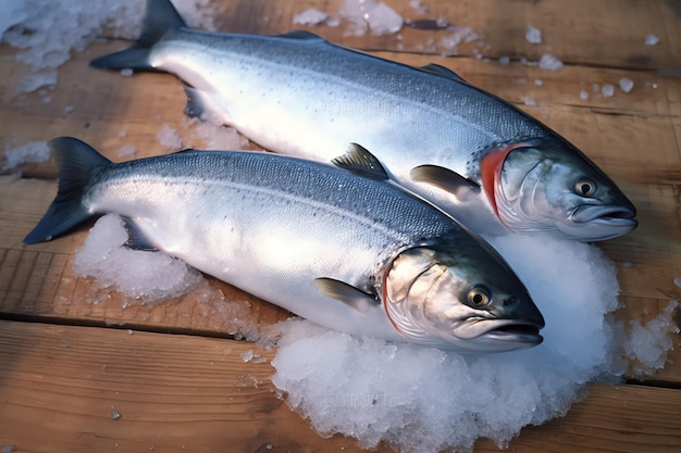 two fish on ice on a table