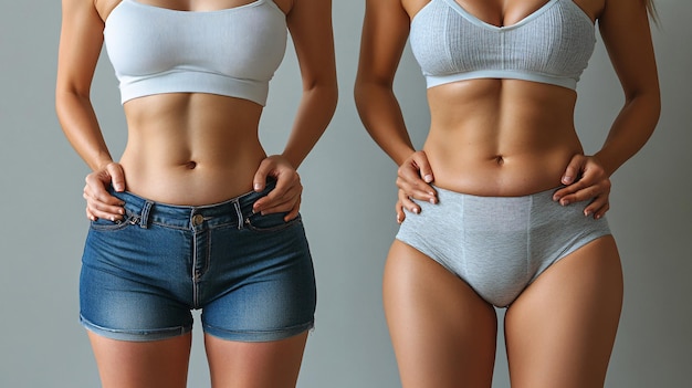 Photo two fit women showing body transformation after diet