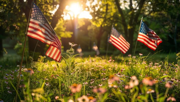 Photo two flags are in the grass with the sun behind them