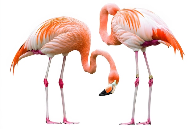 Photo two flamingos are shown with one being pink and the other has a black beak