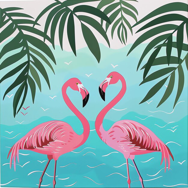 two flamingos are standing in the water with palm leaves