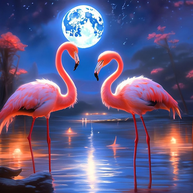 Two flamingos in the night with full moon