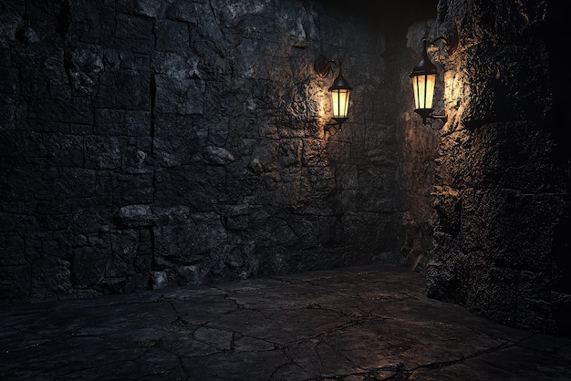 Two flickering lanterns cast dim light on the rough stone walls of a dark forgotten dungeon Shadows dance in the eerie silence promising secrets and forgotten tales