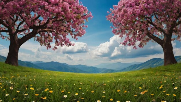 Photo two flowering trees frame a view of mountains in the distance