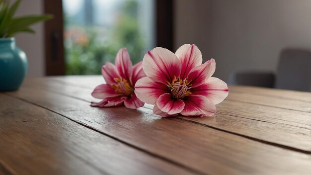 two flowers on a wooden table one of which has the word  bloom  on it