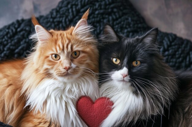 Two fluffy cats are in love and show a heart