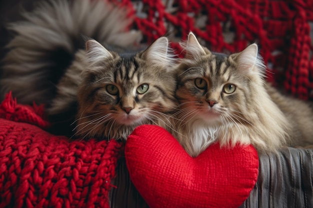 Two fluffy cats are in love and show a heart