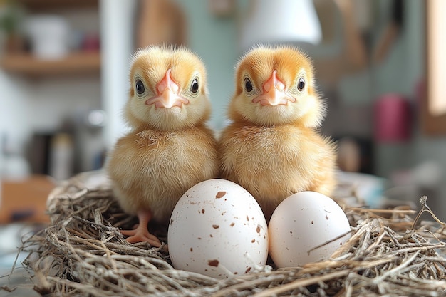 Photo two fluffy chicks nestled beside their eggs in a cozy nest two adorable chicks sit together in a nest with two speckled eggs