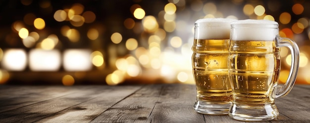 Two Foamy Beer Mugs on Rustic Wooden Table with Sparkling Festive Bokeh Lights