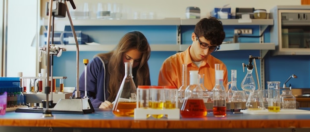 Photo two focused individuals conducting experiments in a bustling laboratory filled with various chemical bottles and equipment