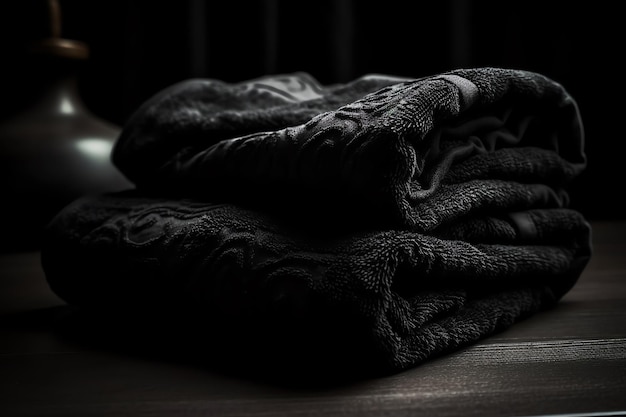 Two folded towels on a table, one of which is black and the other is black.