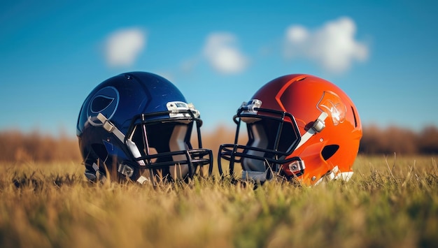 Two football helmets face off in a field a prelude to the clash of teams under a wideopen sky