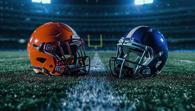 Two football helmets face off on the field under the stadium lights capturing the anticipation of a thrilling game night