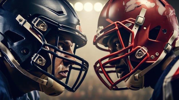 Two football players wearing helmets facing each other generative AI