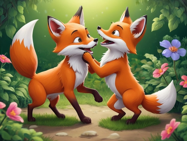 two foxes are fighting each other in a garden