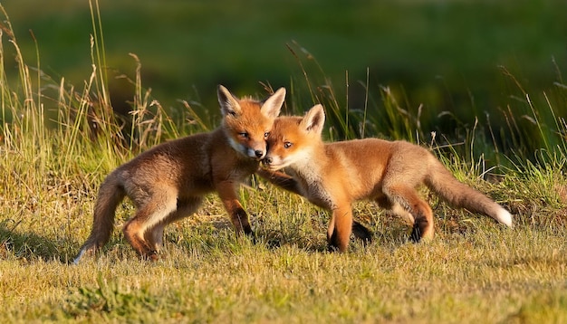 Photo two foxes are fighting in a field one of which has a small nose