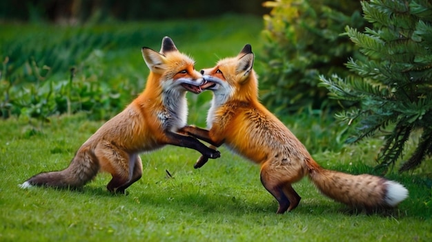 two foxes are fighting with one another and one has a black spot on its nose