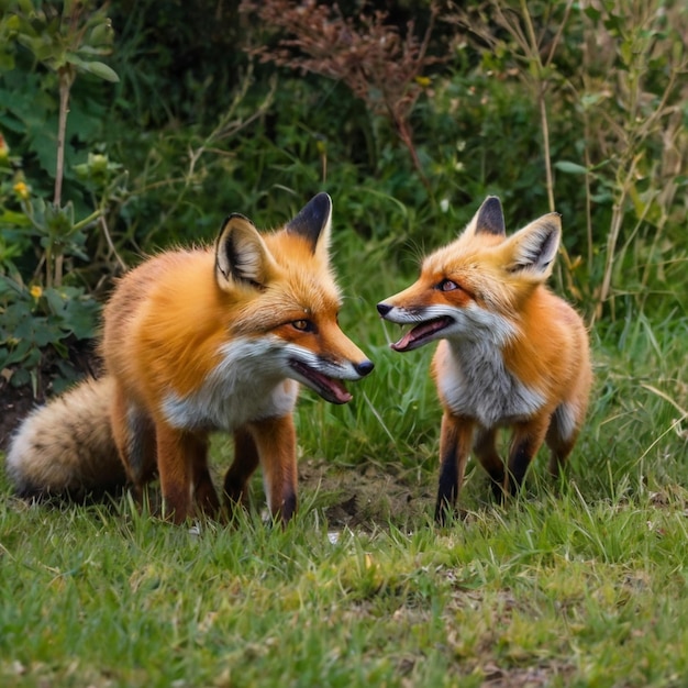 two foxes are on the grass and one has the other to say fox