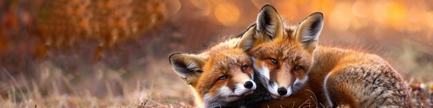 two foxes are hugging Selective focus