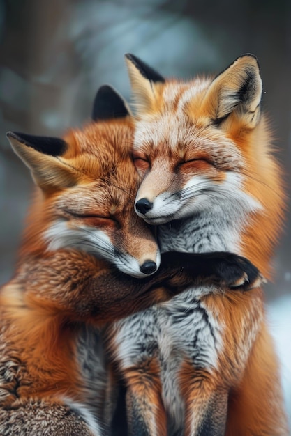 two foxes are hugging Selective focus