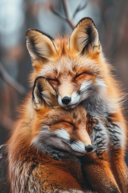 two foxes are hugging Selective focus