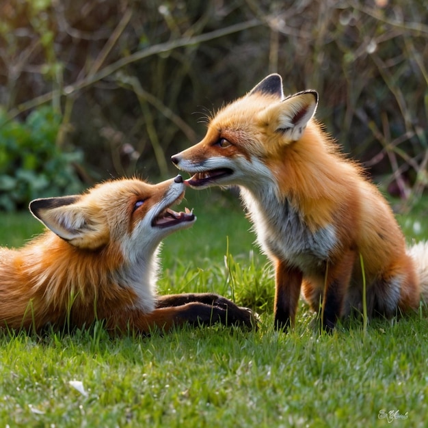 two foxes are laying in the grass one has a red fox on his head