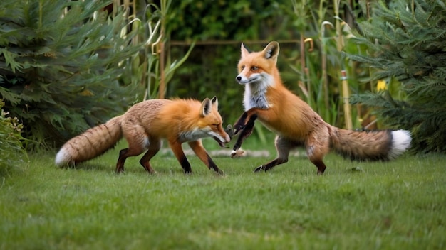 two foxes are playing with a piece of paper in their mouth