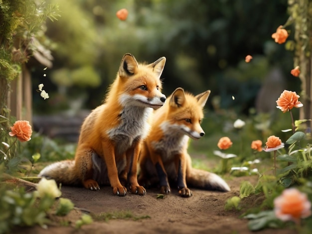 two foxes are sitting in a garden with flowers and a place for your text