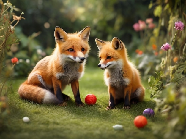 two foxes are sitting in a garden with a picture of a fox and the title quot