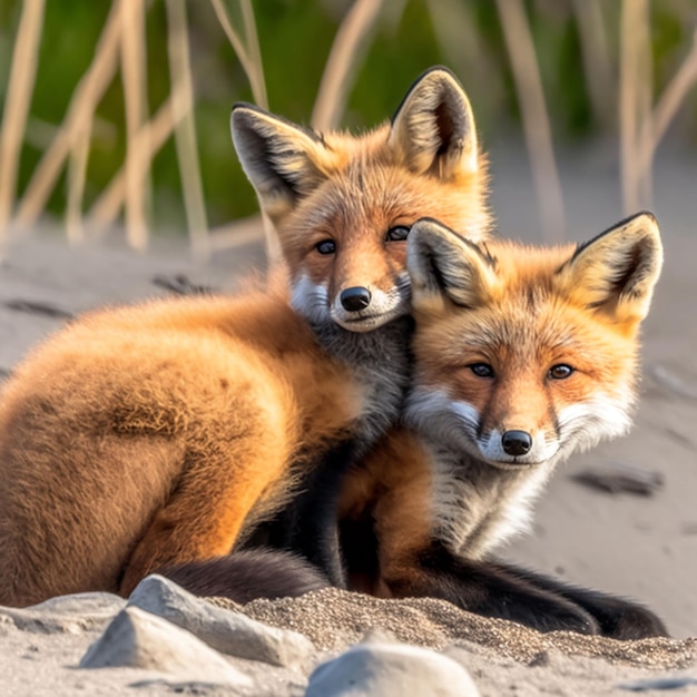 Photo two foxes are sitting on the sand, one of which is the only one on the left.