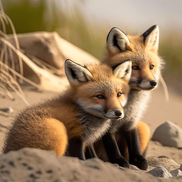 Two foxes sit on the sand and look at the camera.