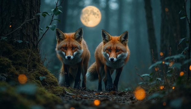 Two foxes walking in a mystical forest under a full moon evoking a sense of nature and wildlife