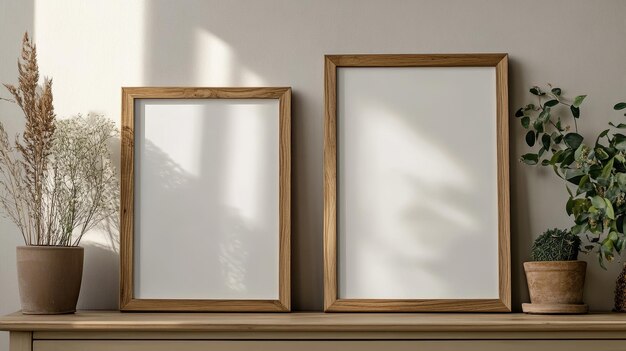 Photo two framed picture frames sit on a shelf with the sun coming through the window