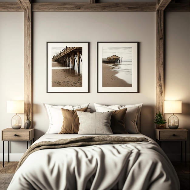 Two framed pictures of a beach scene are above a bed.