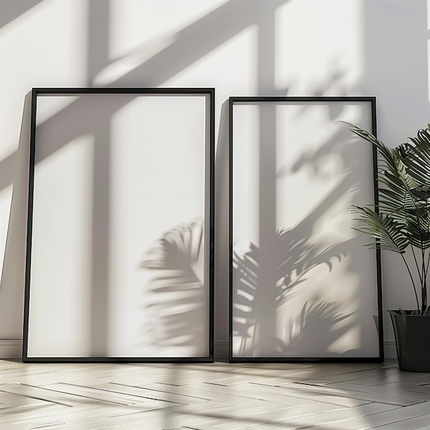 Photo two framed pictures on a floor with a plant in the corner