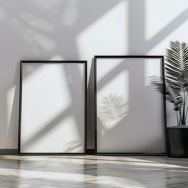 Photo two framed pictures of palm trees and a white wall with a palm tree in the corner