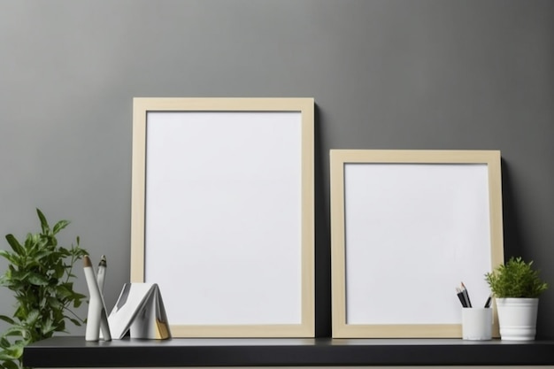 Two framed pictures sit on a shelf next to a pair of shoes.