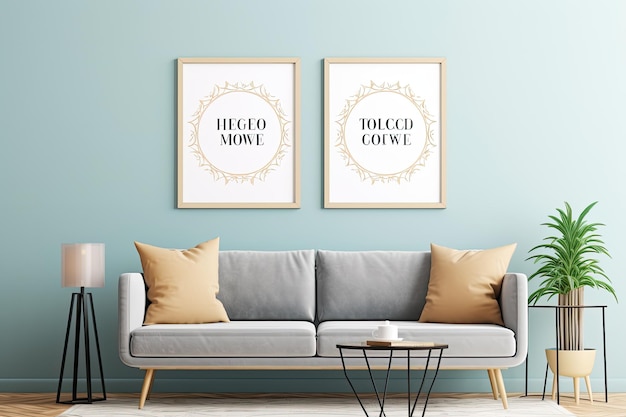 Two framed posters hanging on a wall with a white sofa and a brown pillow.